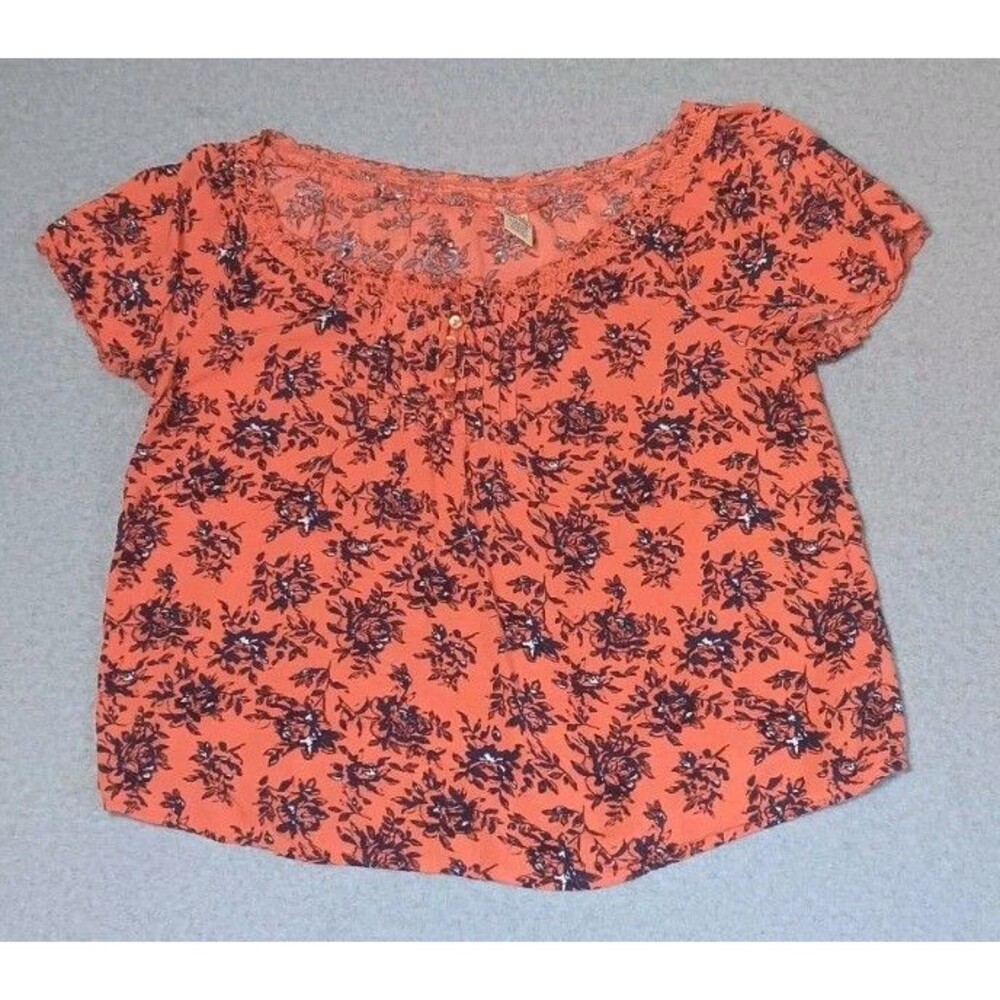 Faded Glory Pleated Pintuck Peasant Blouse L Burnt Orange Micro Floral Boho